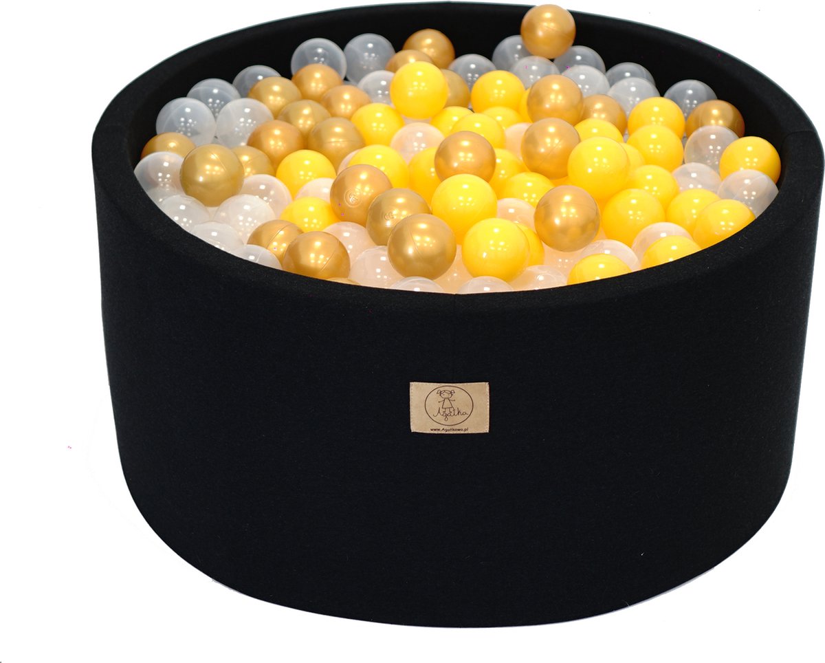 Ballenbakje.nl - Ballenbak XL Zwart | 90x30 cm | Inclusief 200 ballen - Geel, Goud, Transparant